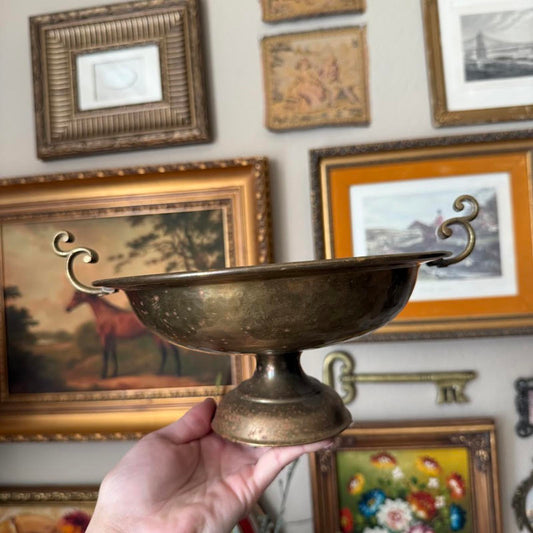 Vintage Brass Circular Pedestal Bowl with Handles