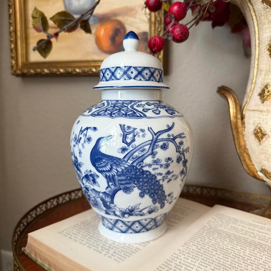 Blue and White Peacock Design Ginger Jar