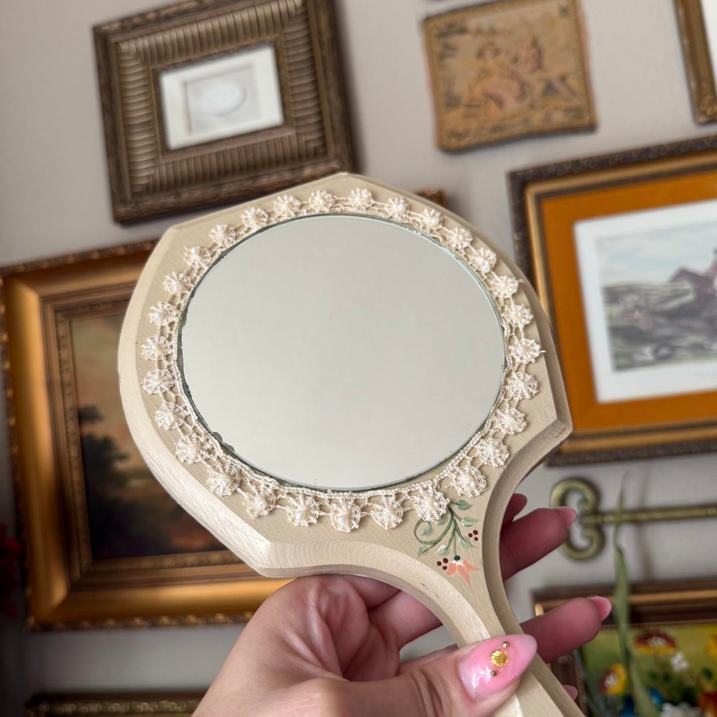 Vintage Hand Mirror with Lace Detailing