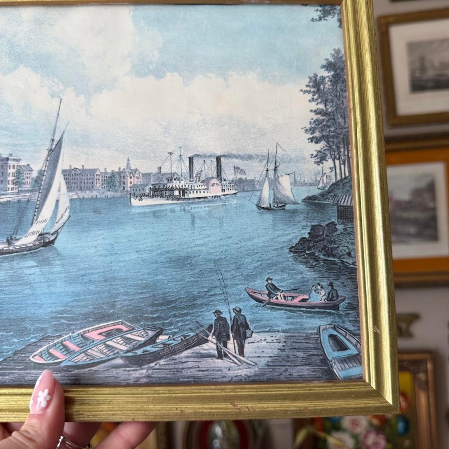Ships in a Port Print in Gold Frame