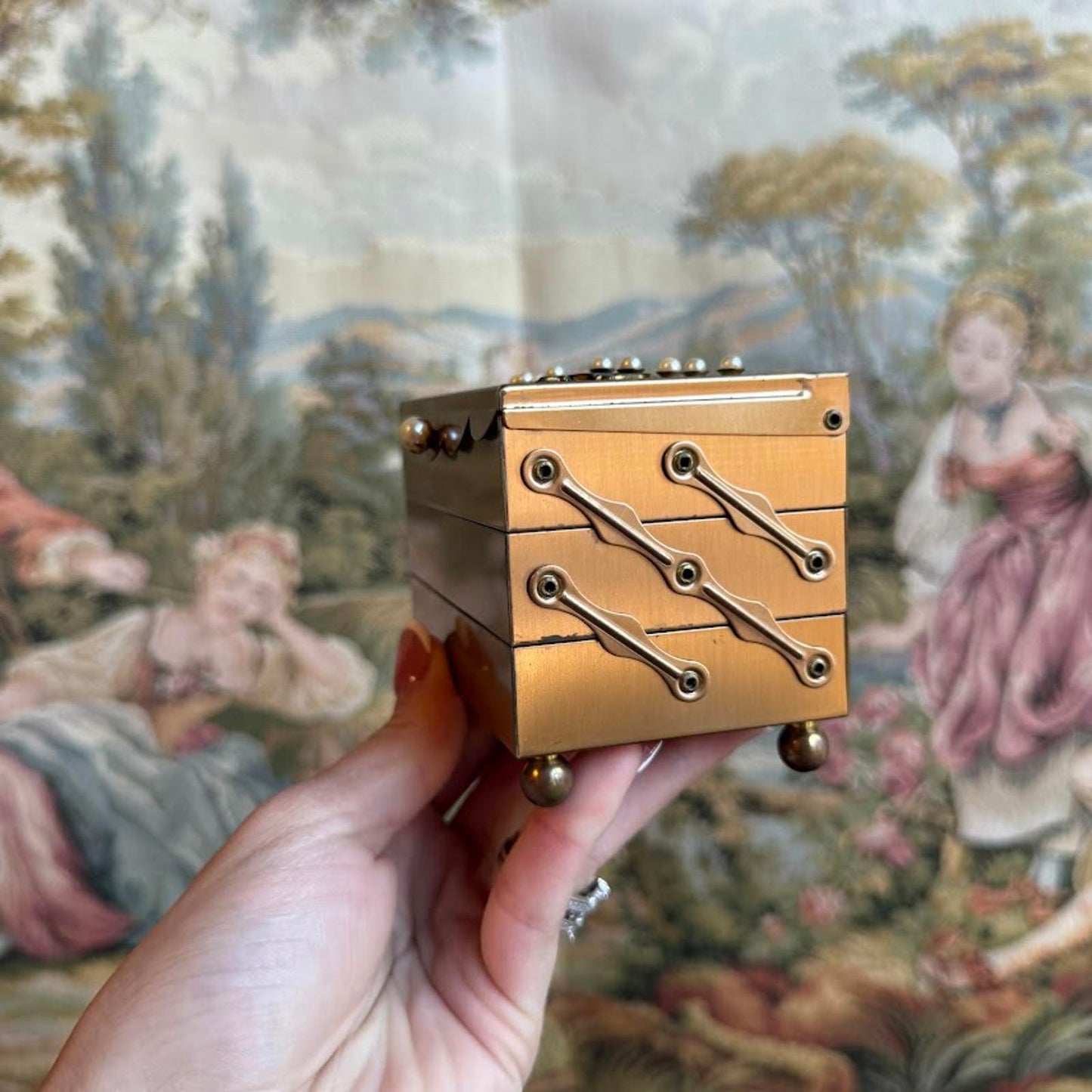 Vintage Pearl Accent Jewelry Box with tiered Interior