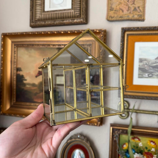 Vintage Mirrored Brass and Glass House-Shaped Display Shelf