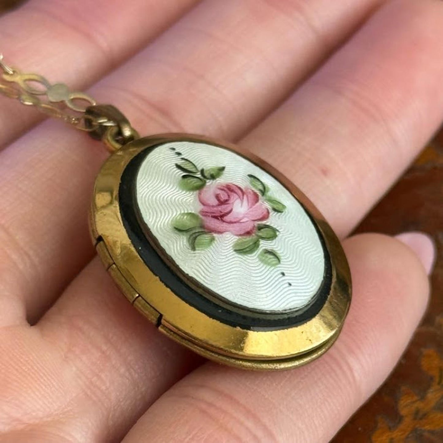 French Guilloche Enamel Locket Pendant with Hand Painted Rose