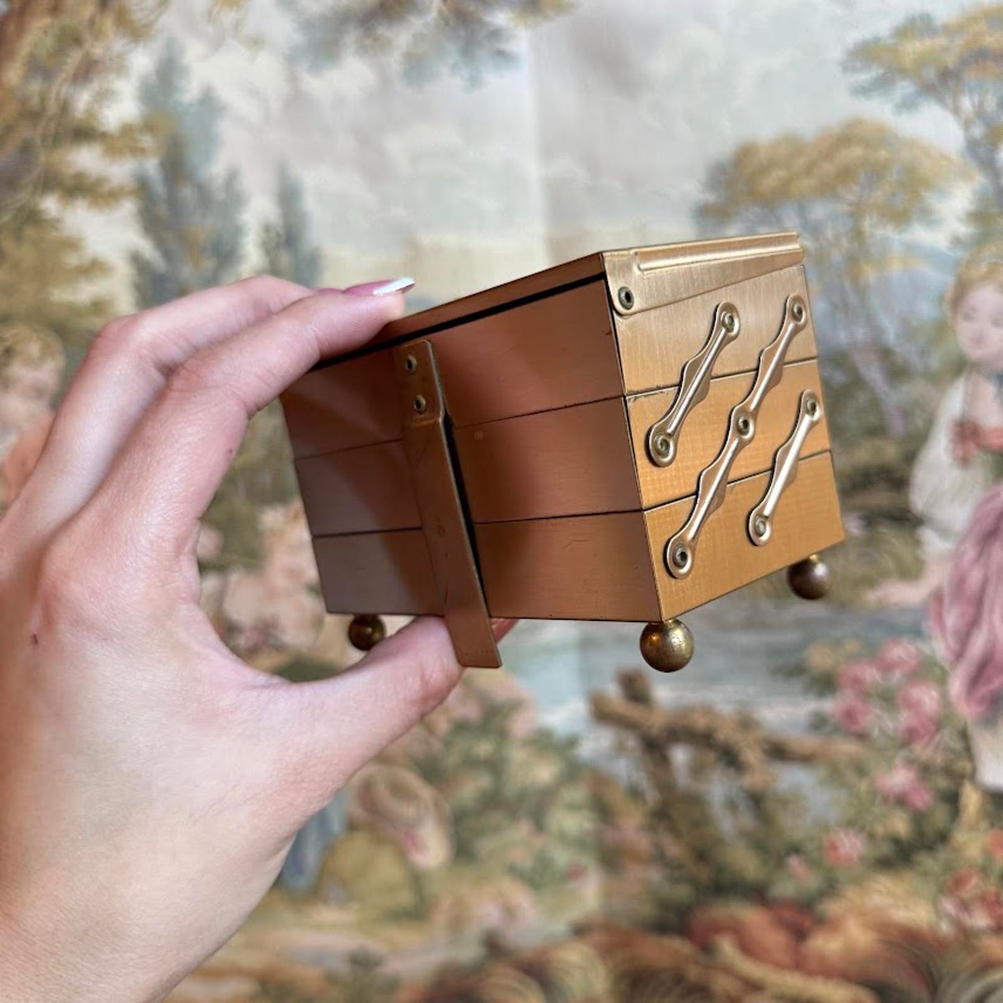 Vintage Pearl Accent Jewelry Box with tiered Interior