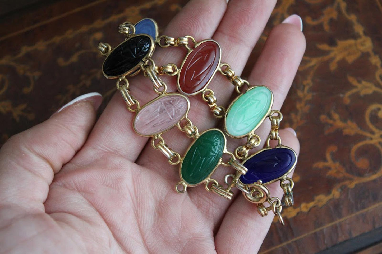 Vintage Egyptian Revival Gold Toned Scarab Bracelet