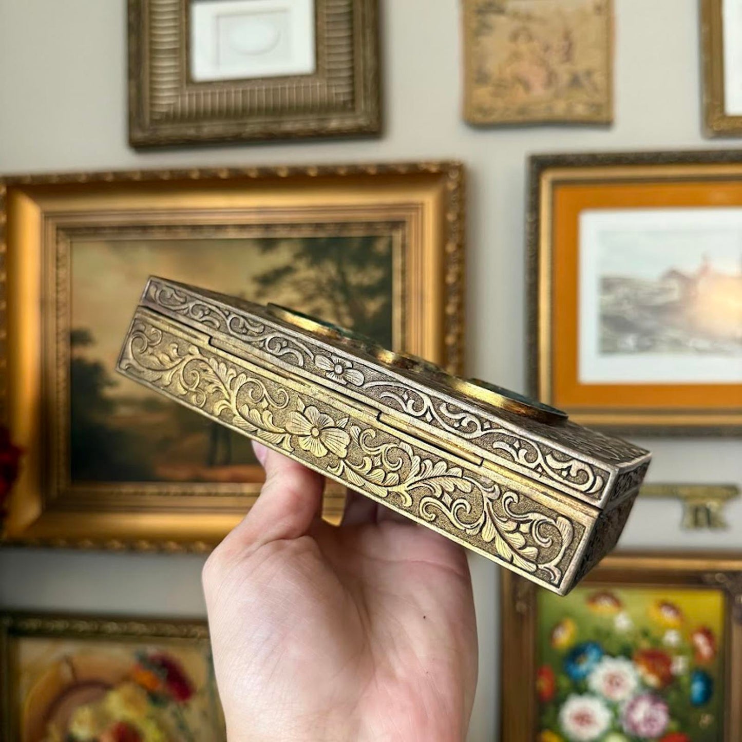 Vintage Metal Jewelry Box w/ Wooden Interior