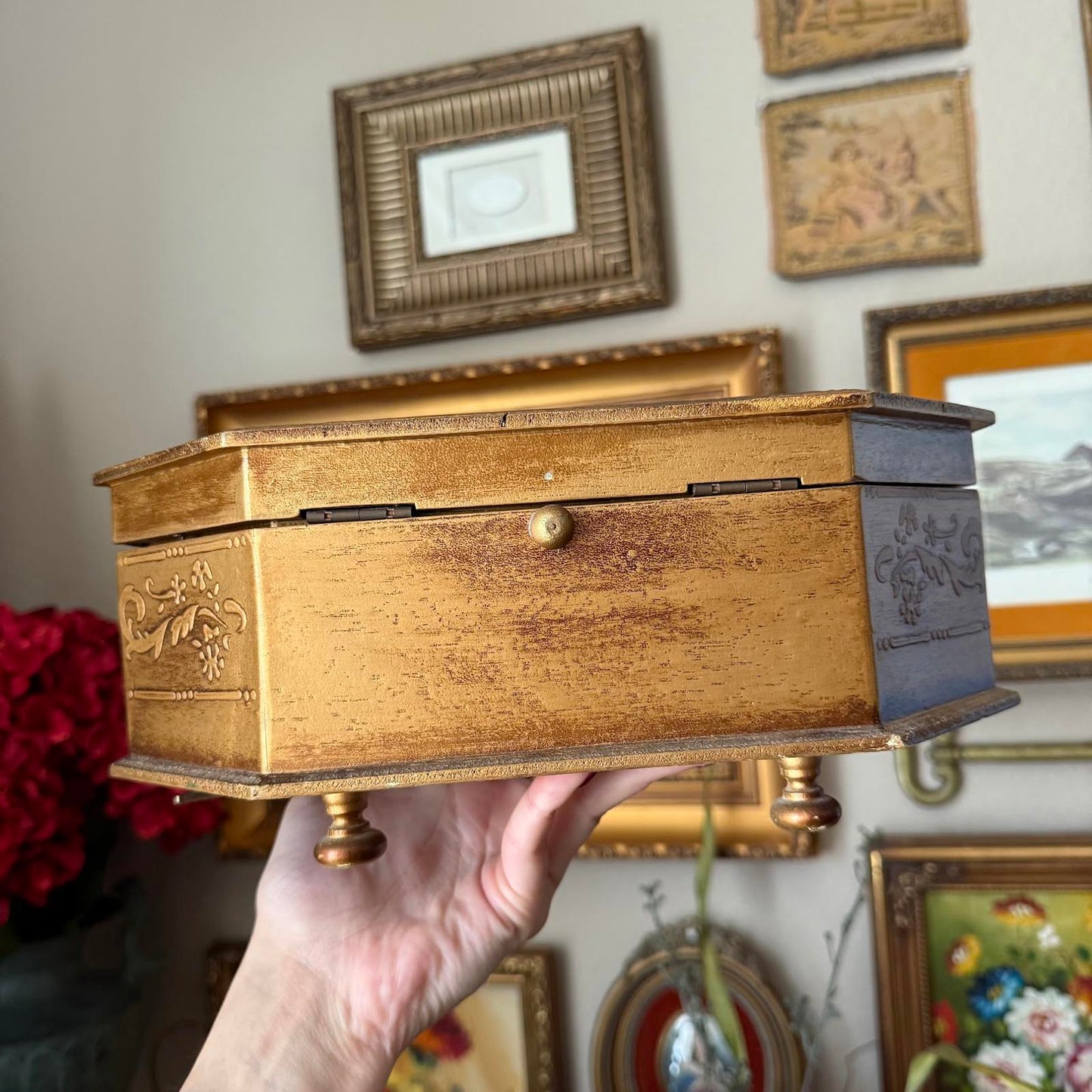 Vintage Large Gold Victorian Girl Reading a Book Music Jewelry Box