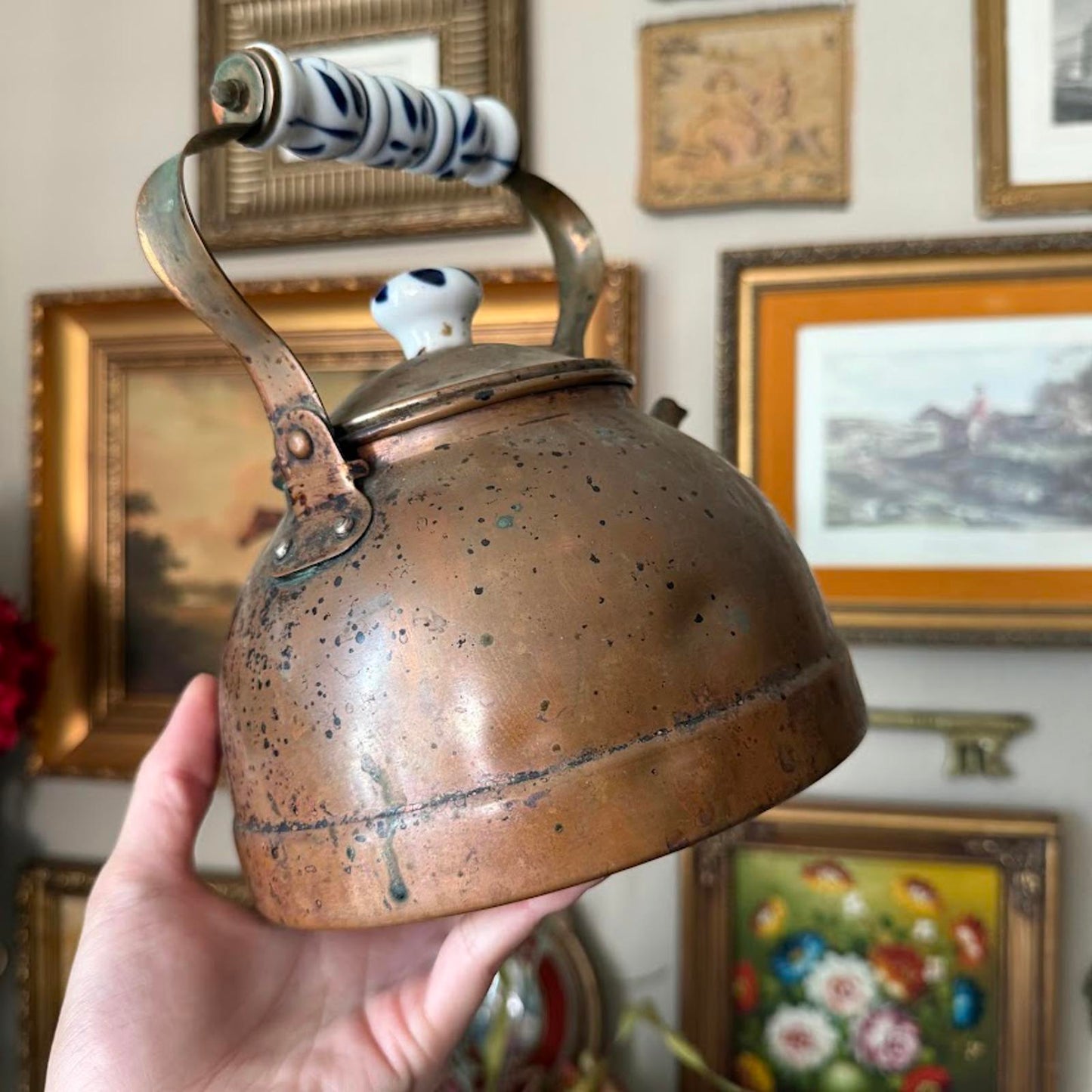 Vintage Copper Tea Kettle w White and Blue Porcelain Handle