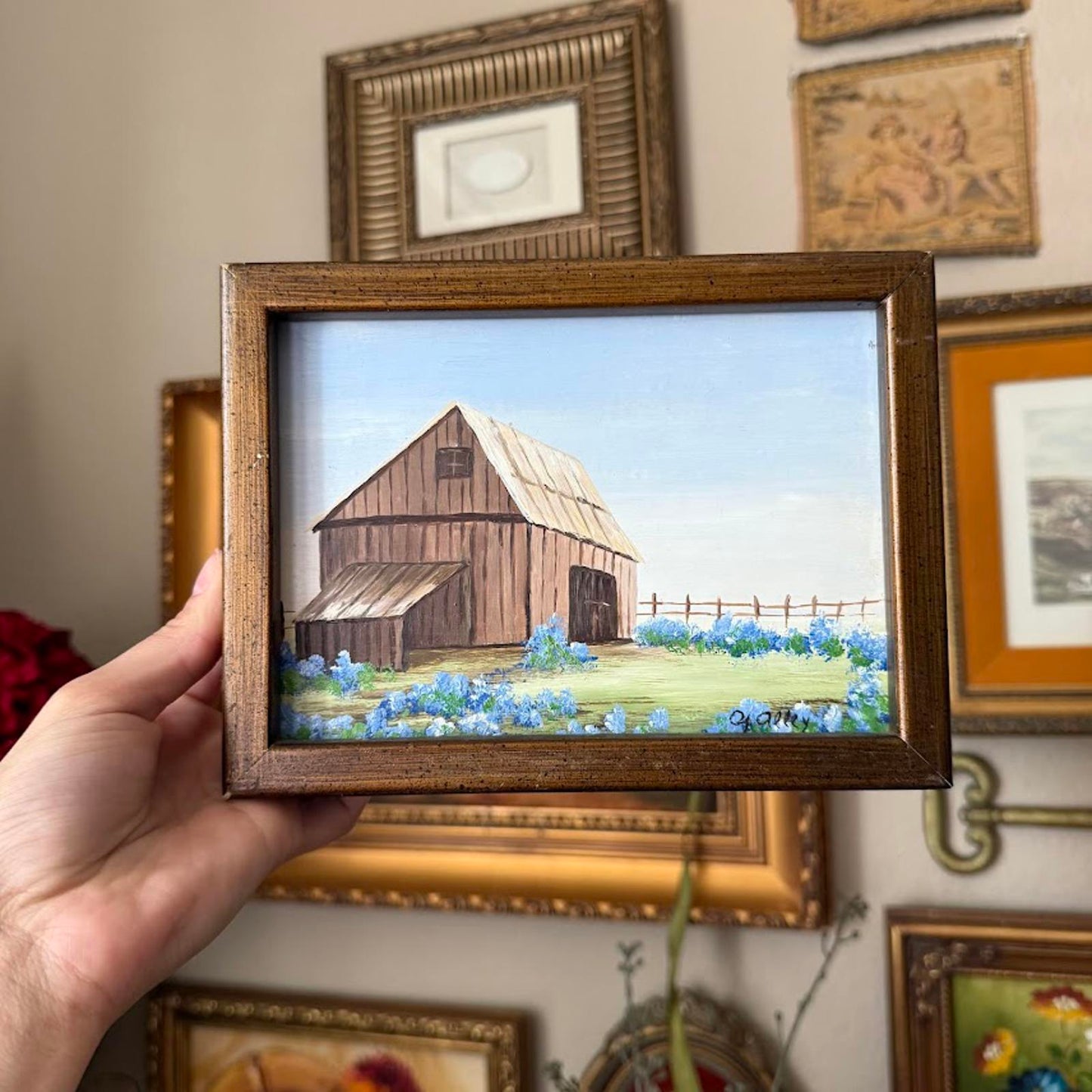 Vintage Farmhouse & Bluebonnets Painting