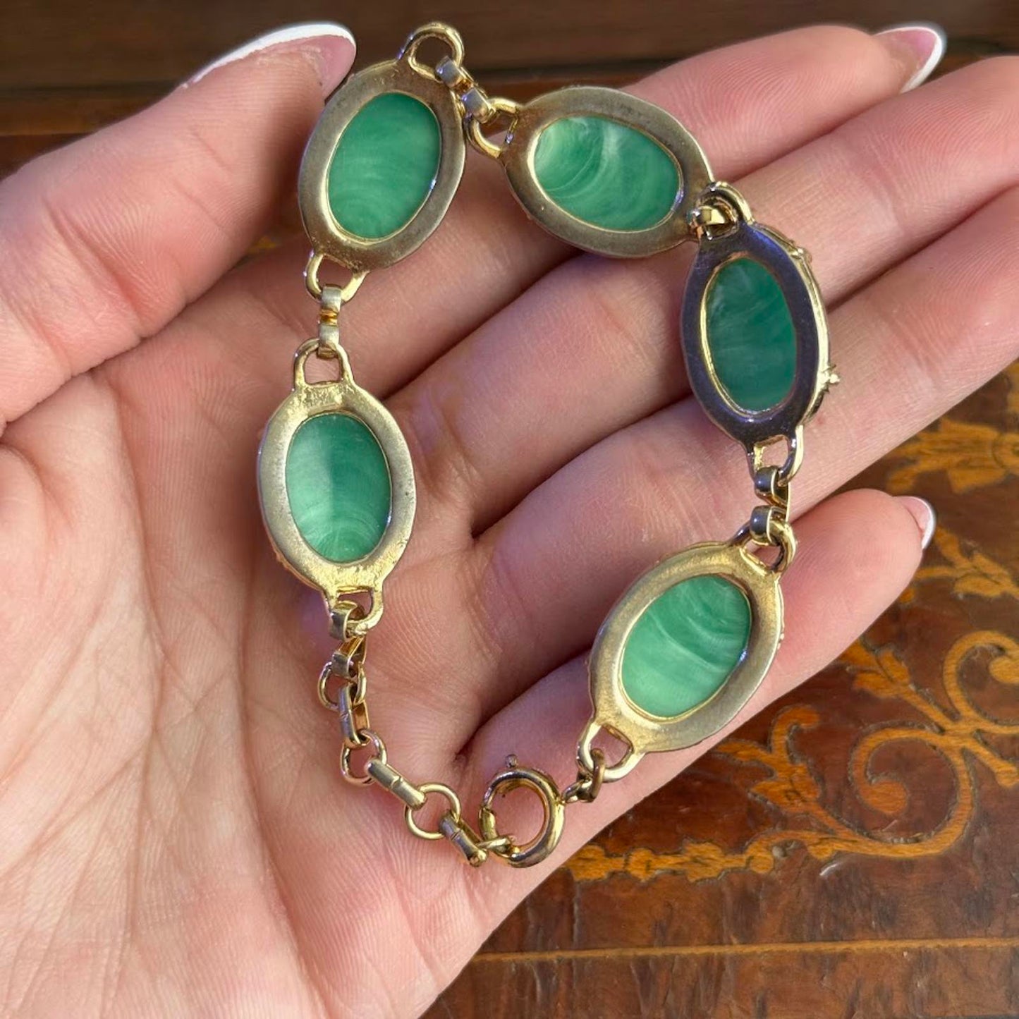 Vintage Mid Century Gold Tone Faux Scarab Bracelet