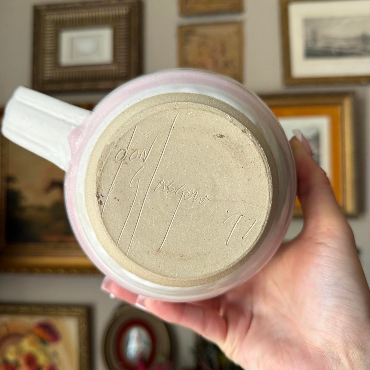 Hand-Painted Vintage Pottery Pitcher with Pink Flowers