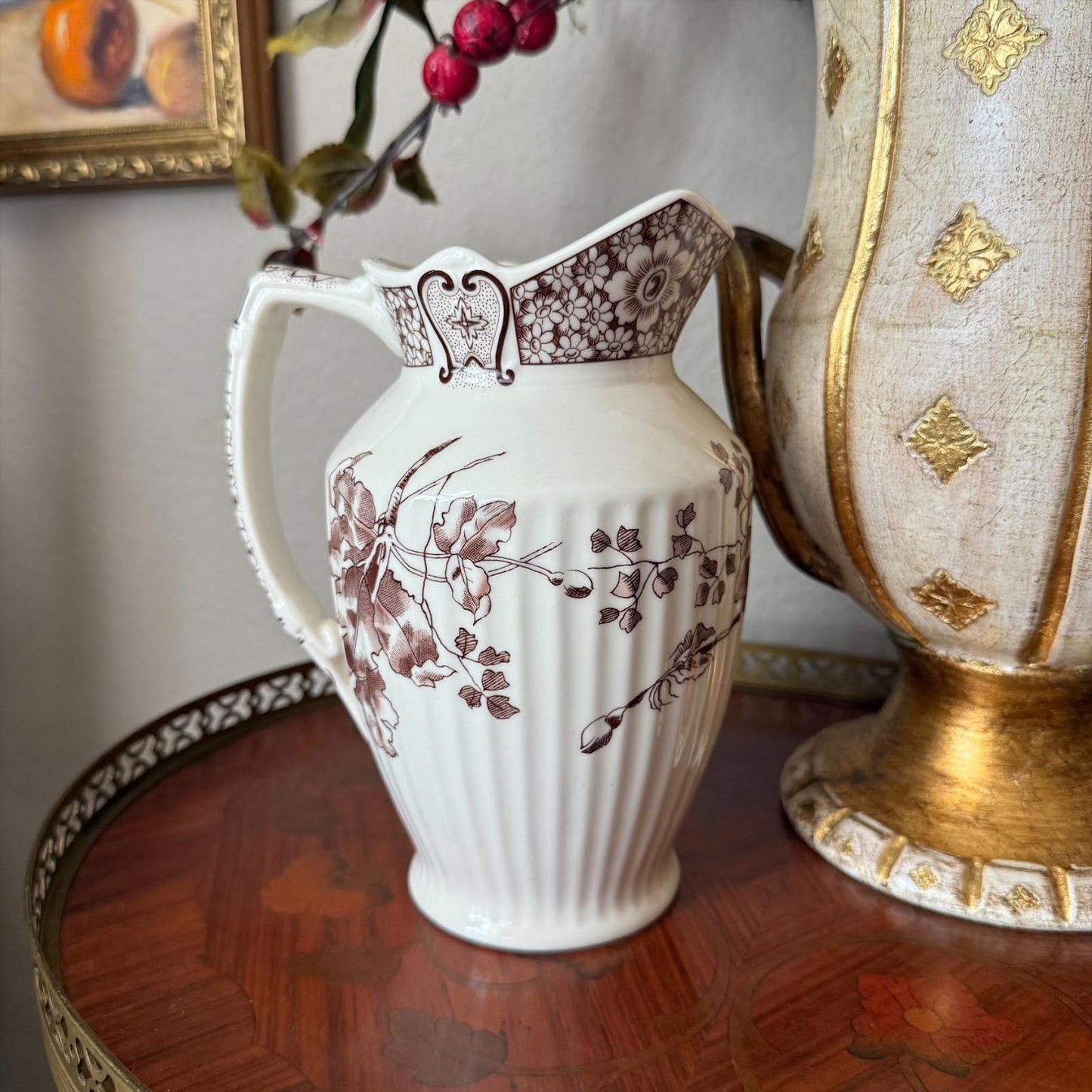 Vintage Two's Company Cream and Brown Floral Vase