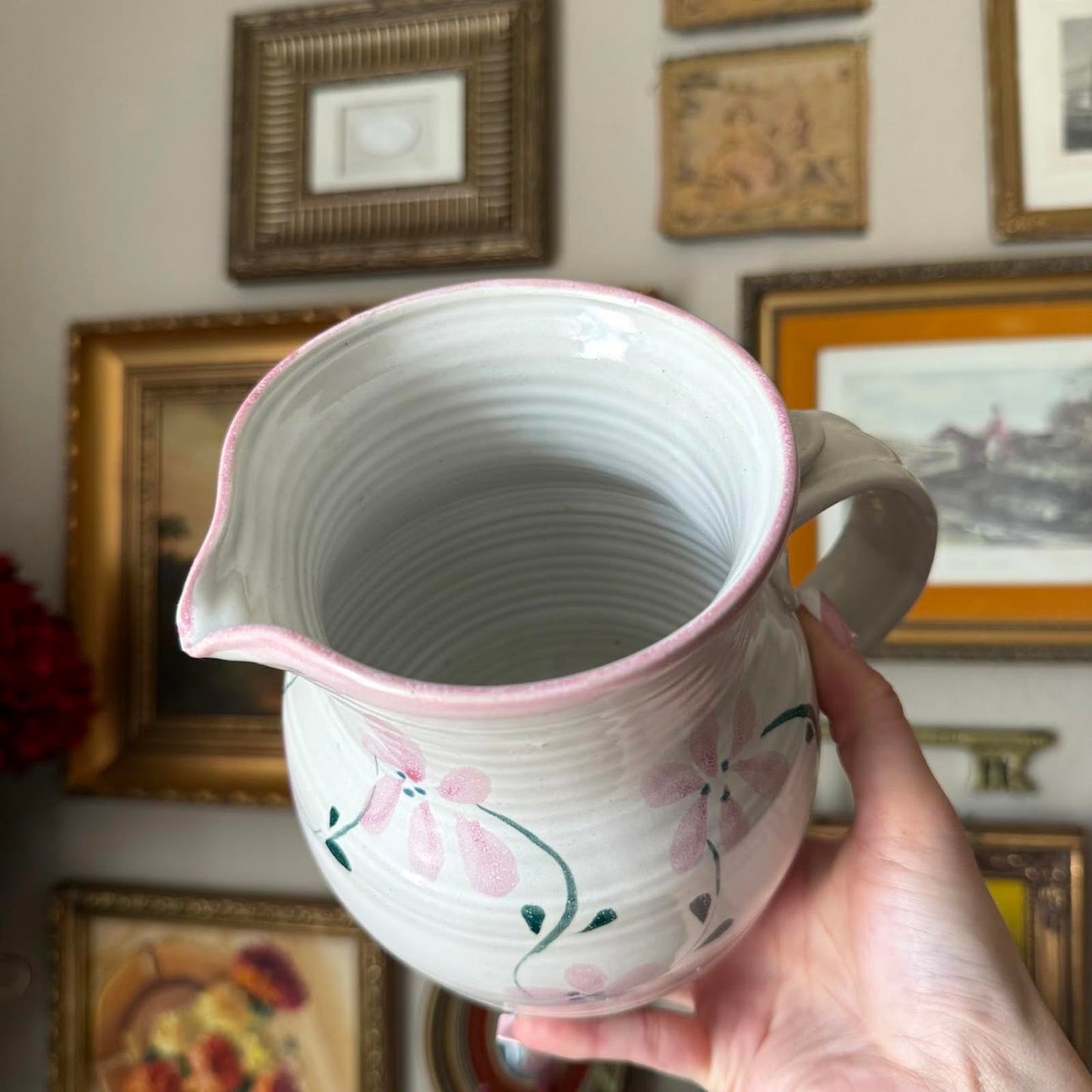 Hand-Painted Vintage Pottery Pitcher with Pink Flowers