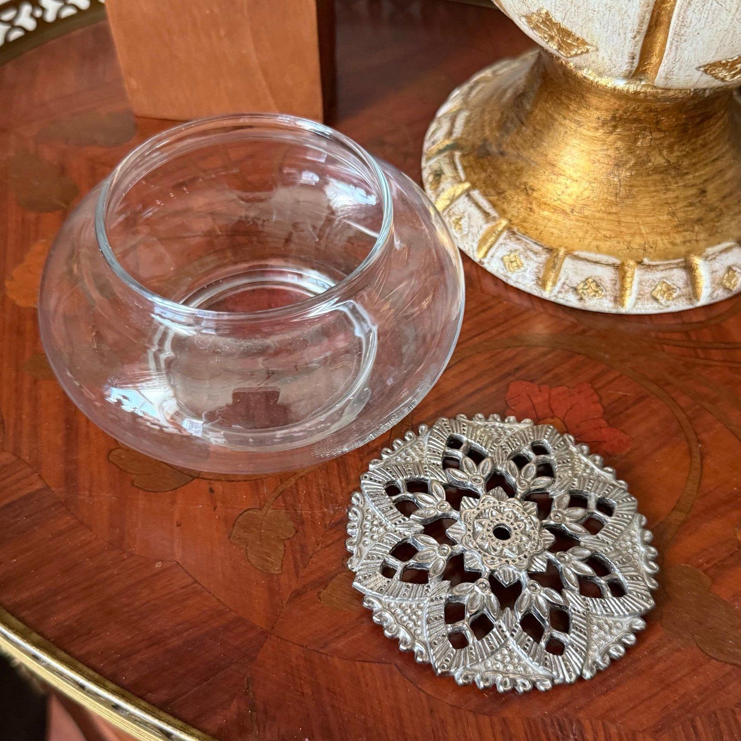 Vintage Glass Potpourri Dish with top Metal lid