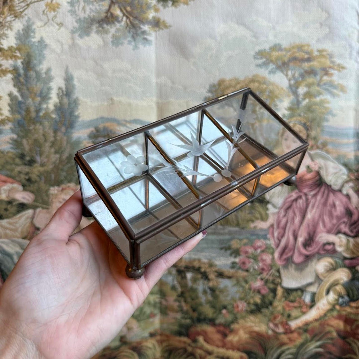 Vintage Bird & Flower etched Glass Jewelry box