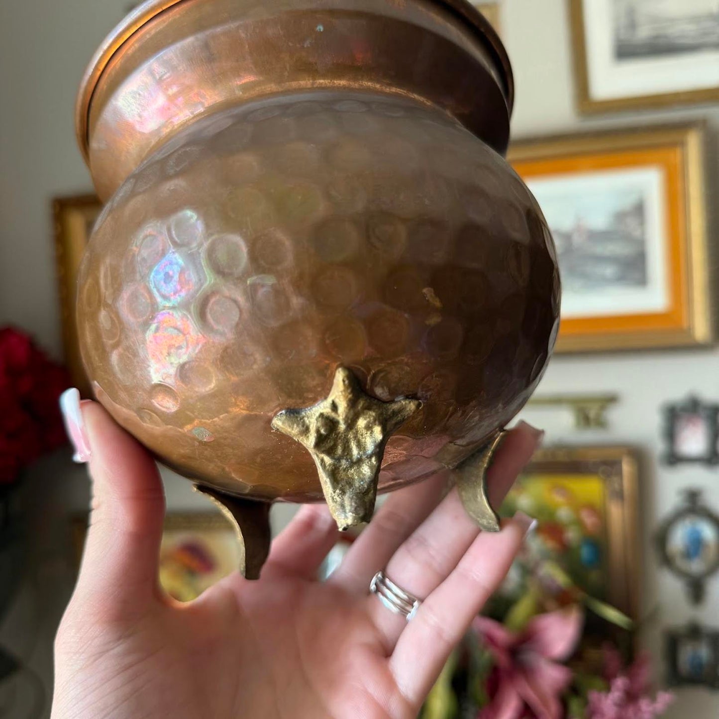 Hammered Copper Pot with Brass Feet