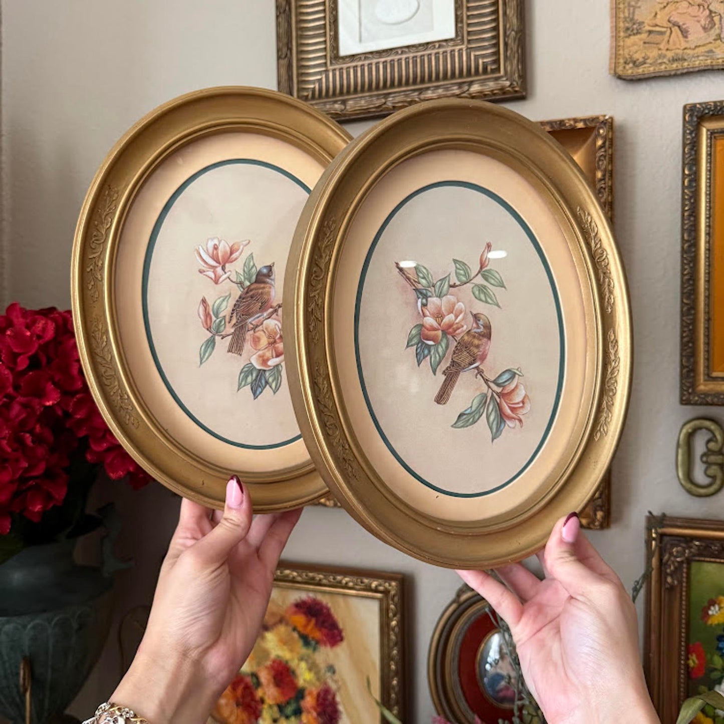 Vintage Home Interiors 1983 Birds Floral Print Gold Framed Oval Set