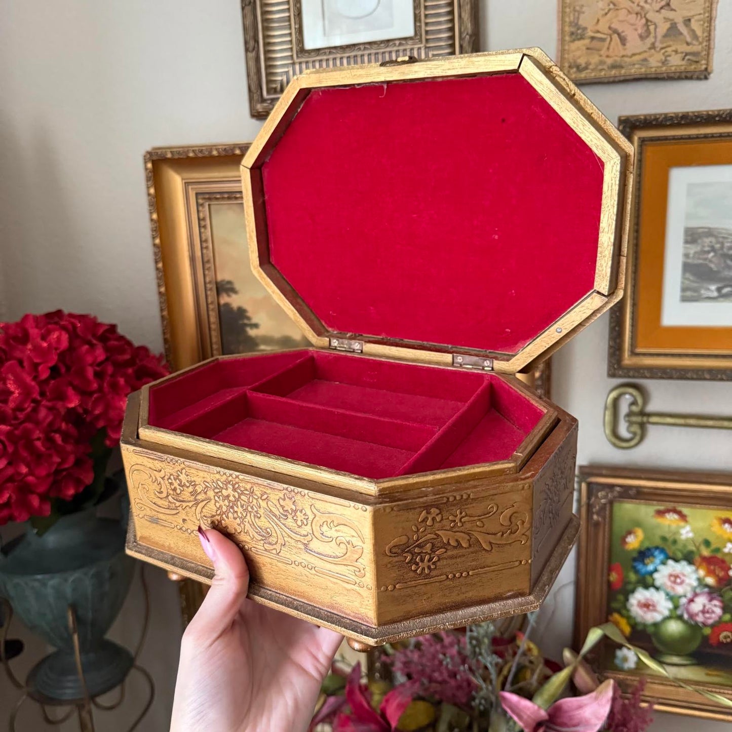 Vintage Large Gold Victorian Girl Reading a Book Music Jewelry Box