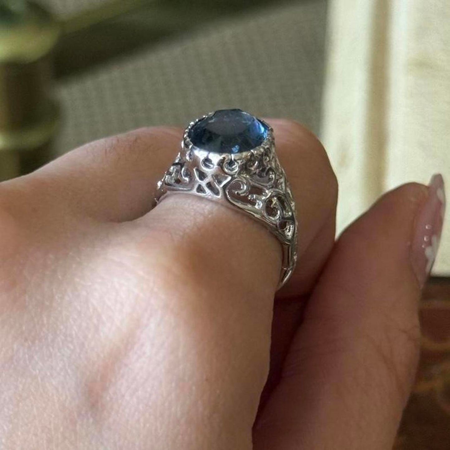 Vintage Silver tone Electroplated Blue Sapphire faux Glass Ring