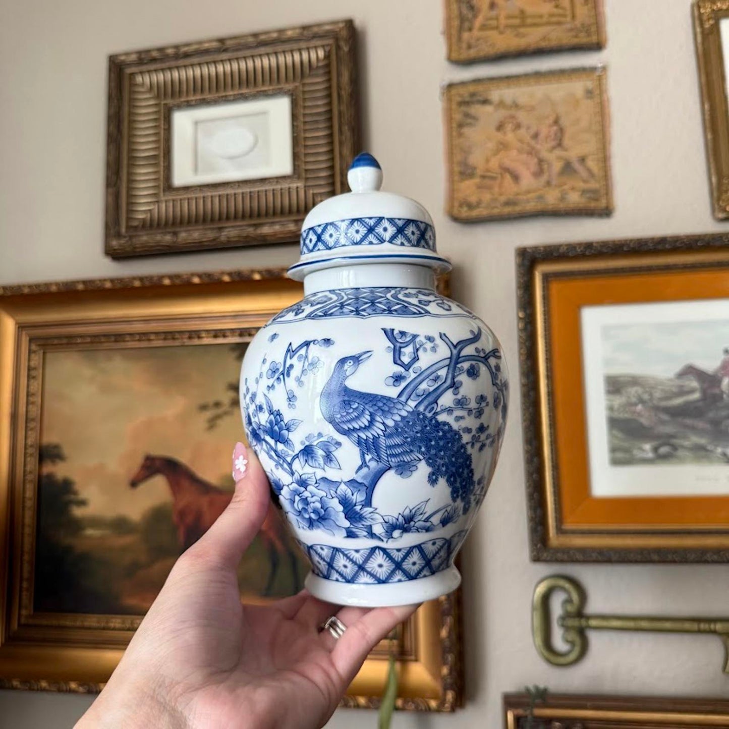 Blue and White Peacock Design Ginger Jar