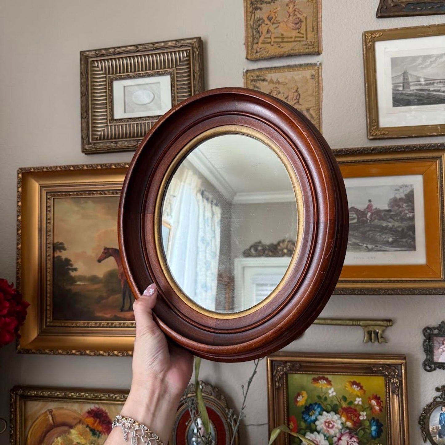 Vintage Wooden Oval Mirror