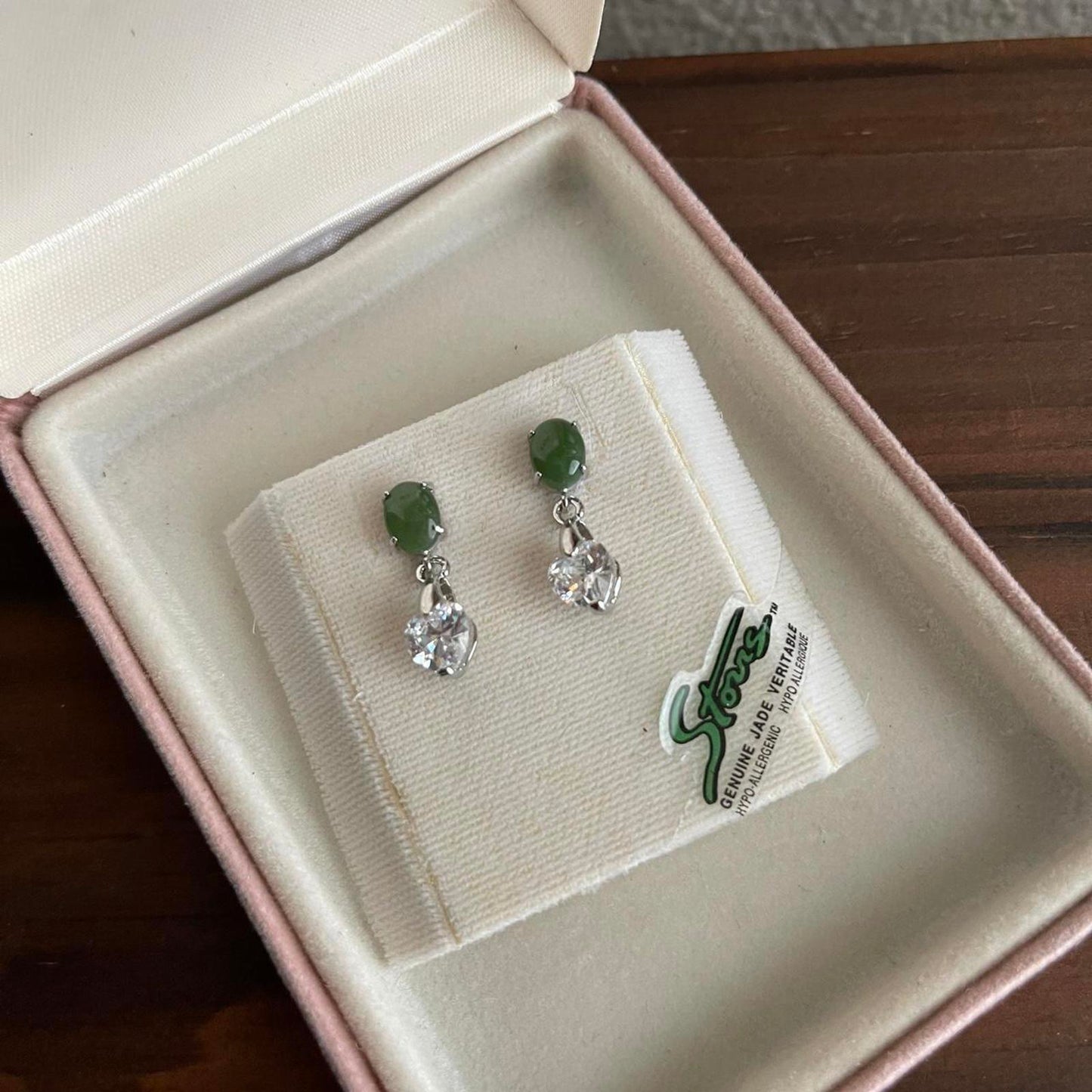 Silver tone genuine Jade heart crystal earrings