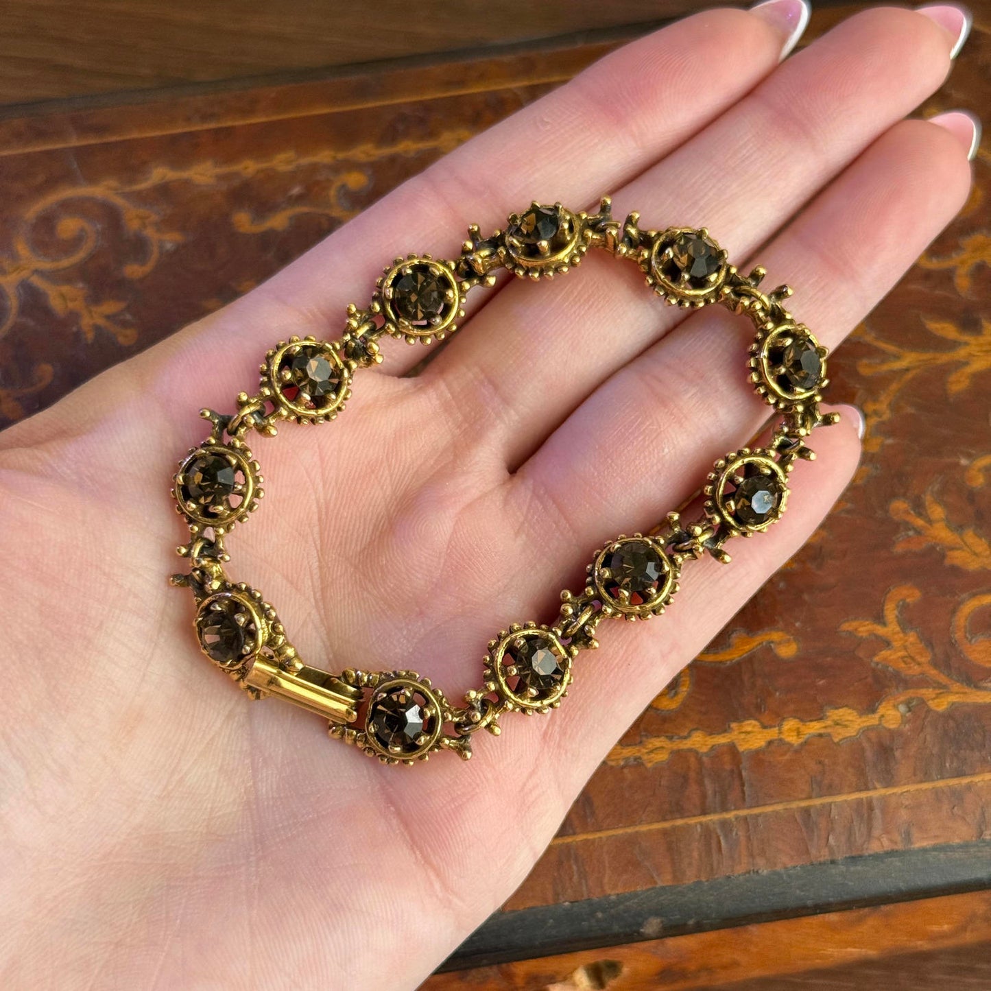 Vintage Gold Tone with Brown Glass Rhinestone Chain Bracelet