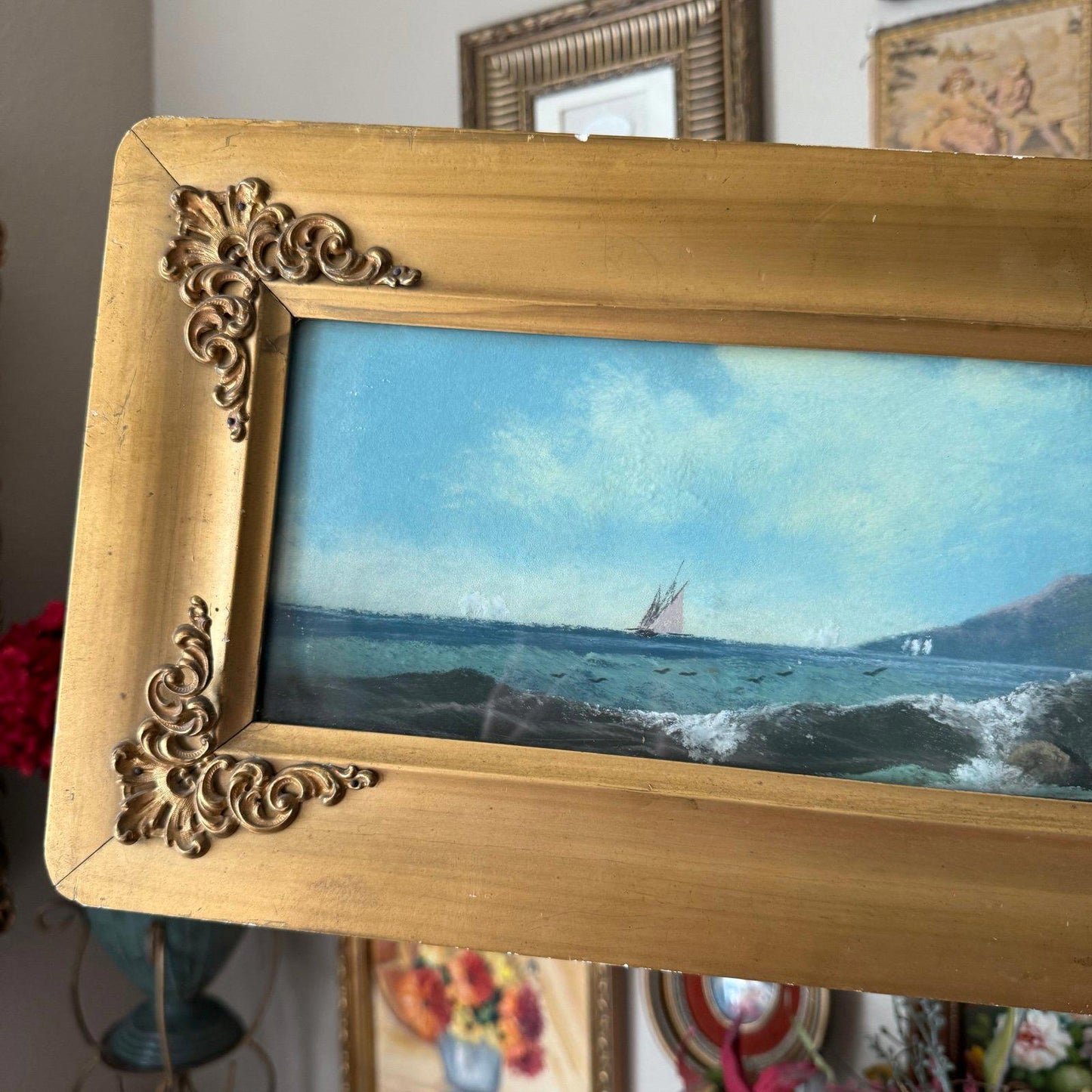Antique Framed Pastel Seascape Original Chalk Drawing Under Glass