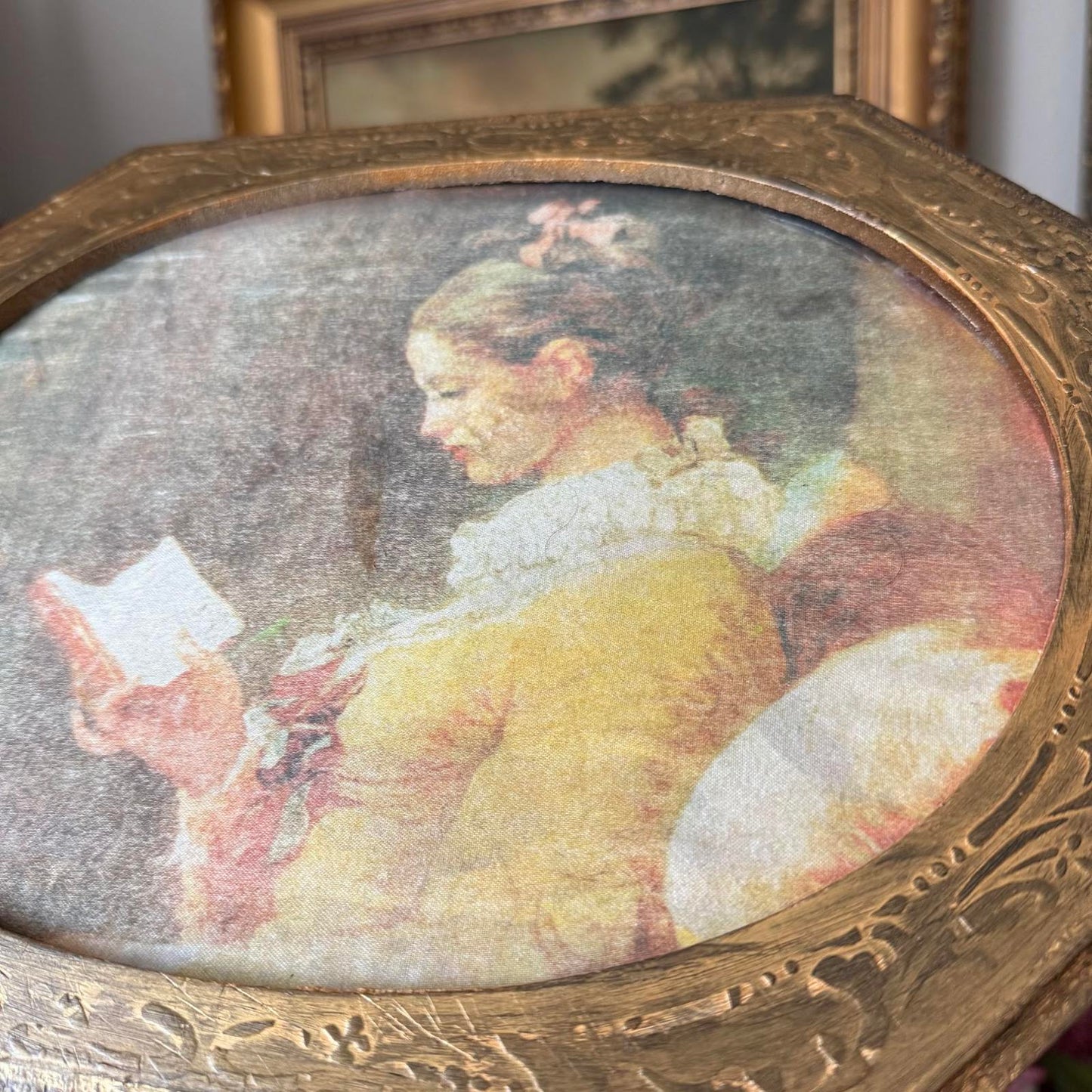 Vintage Large Gold Victorian Girl Reading a Book Music Jewelry Box