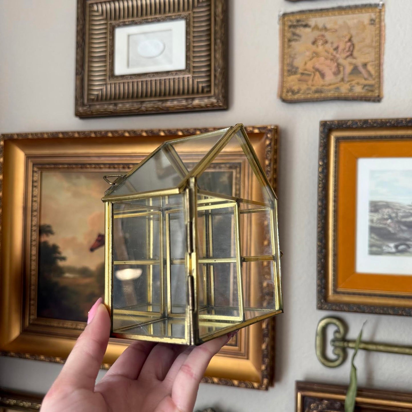 Vintage Mirrored Brass and Glass House-Shaped Display Shelf