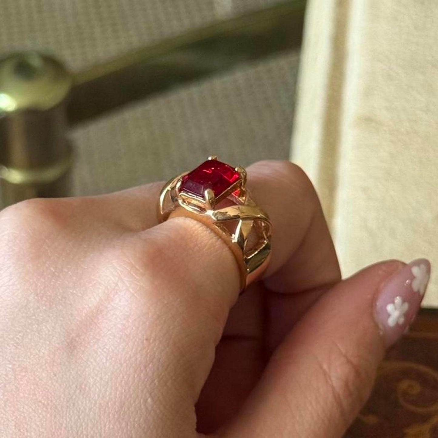 Vintage Gold Electroplated Red Ruby faux Glass Ring