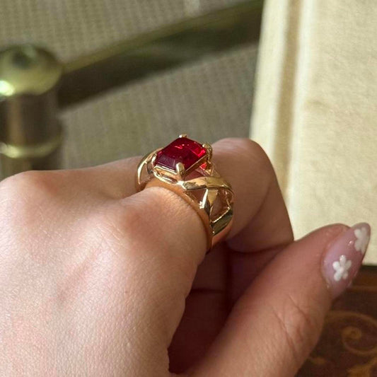 Vintage Gold Electroplated Red Ruby faux Glass Ring
