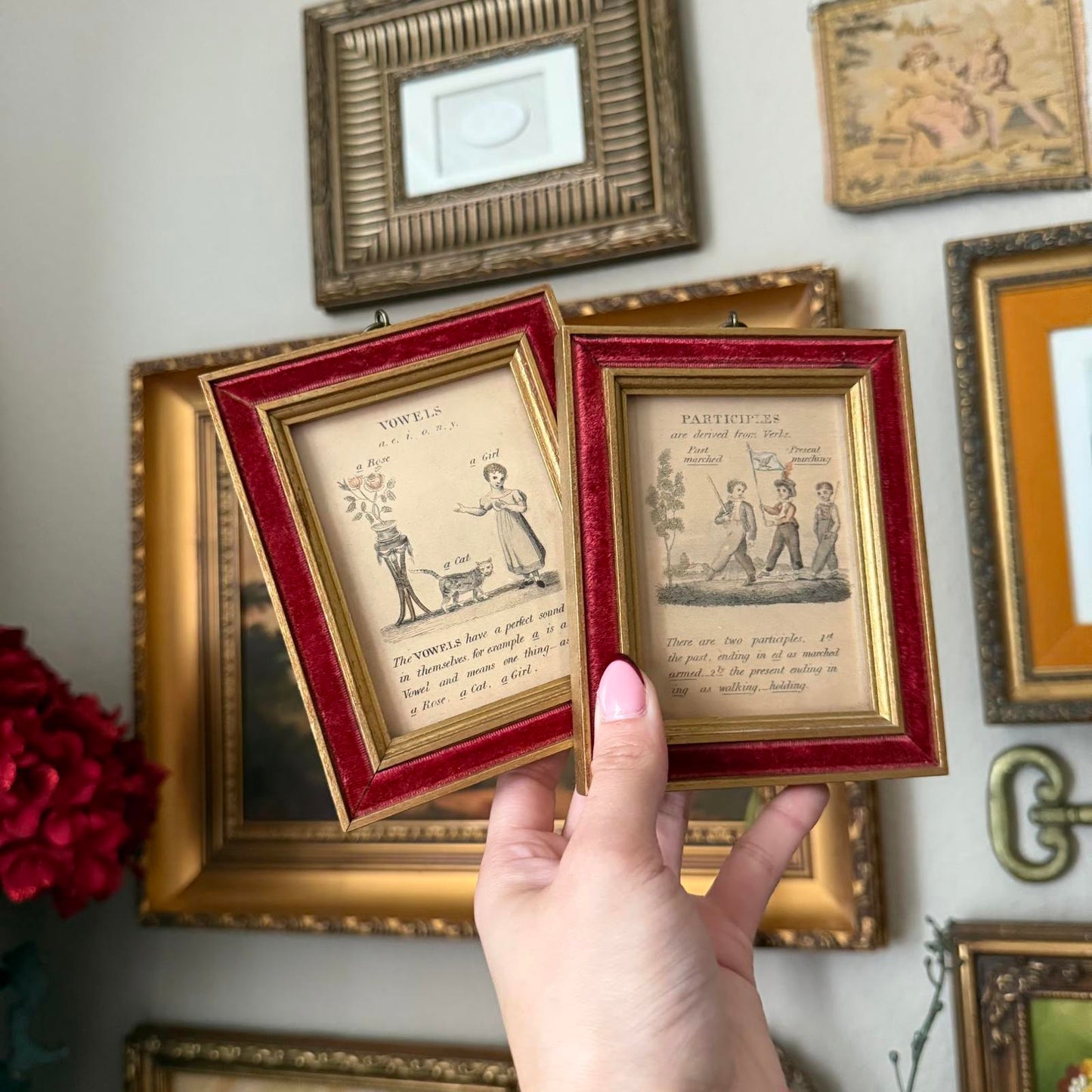Antique 1800s Framed English Grammar Teaching Prints Velvet Art Wall Decor Set