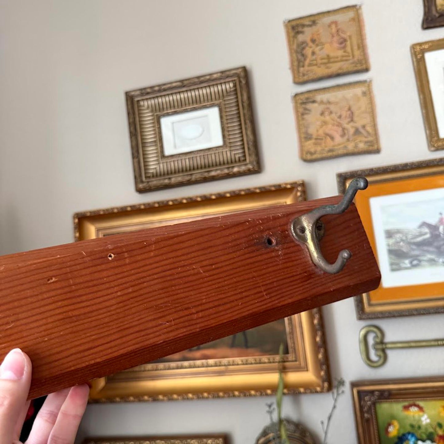 Vintage Wooden Coat Rack with Metal Hooks