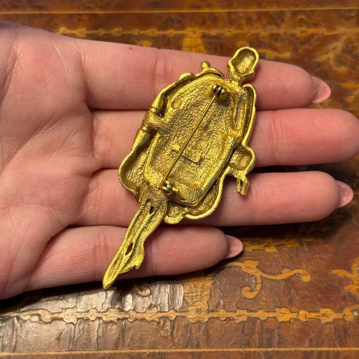 Vintage Signed AJC Gold Toned Brooch Before and After Taxes Fur Coat Lady