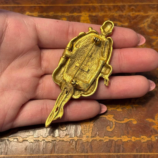 Vintage Signed AJC Gold Toned Brooch Before and After Taxes Fur Coat Lady