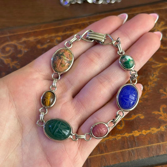 Vintage Mid Century 925 Sterling Silver Carved Gemstone Scarab Bracelet