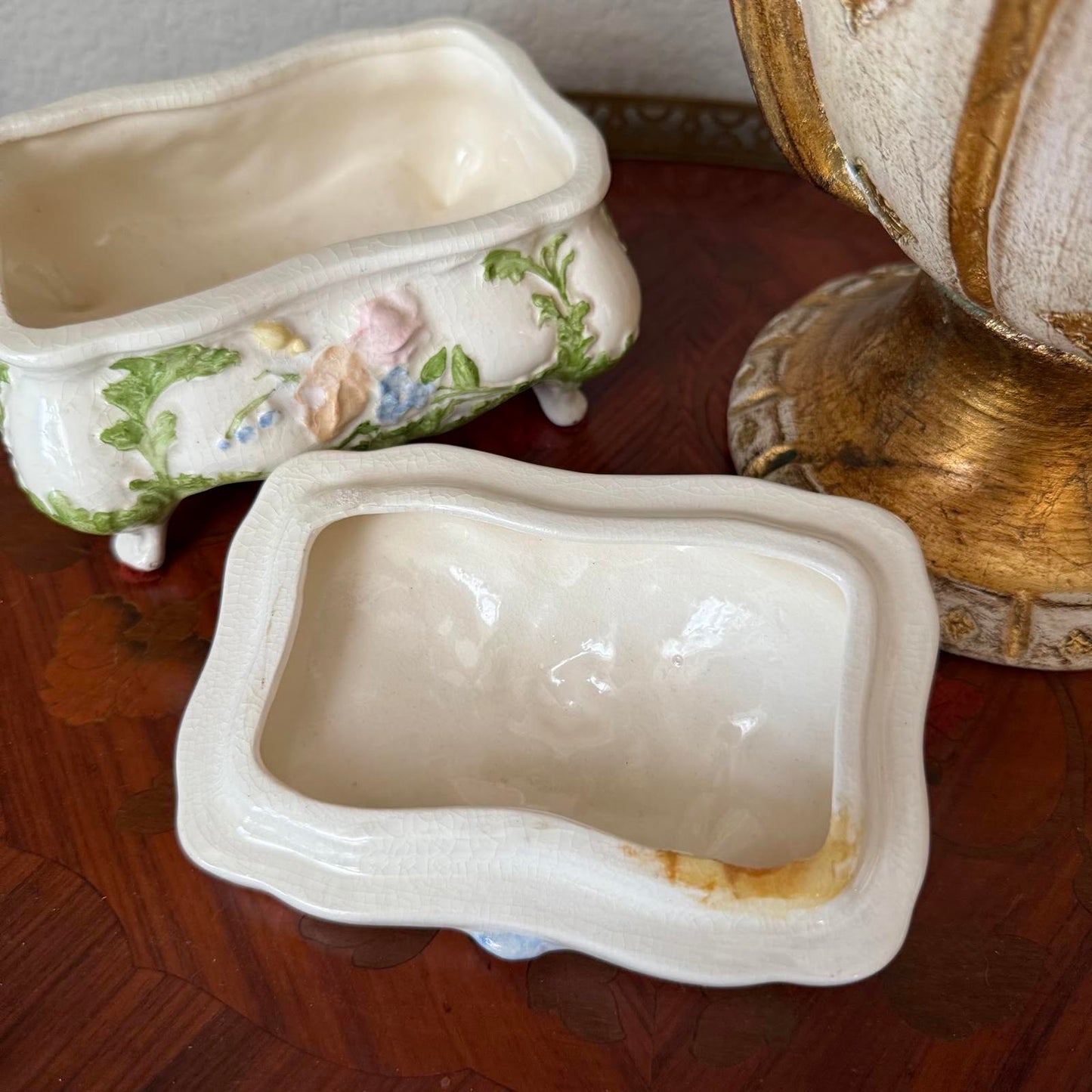 Vintage Floral Ceramic Footed Trinket Dish