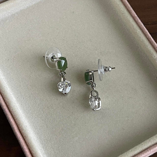 Silver tone genuine Jade heart crystal earrings