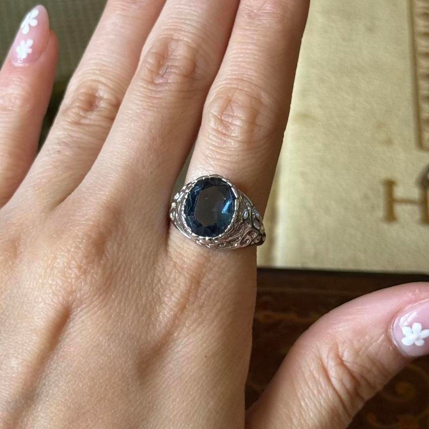 Vintage Silver tone Electroplated Blue Sapphire faux Glass Ring