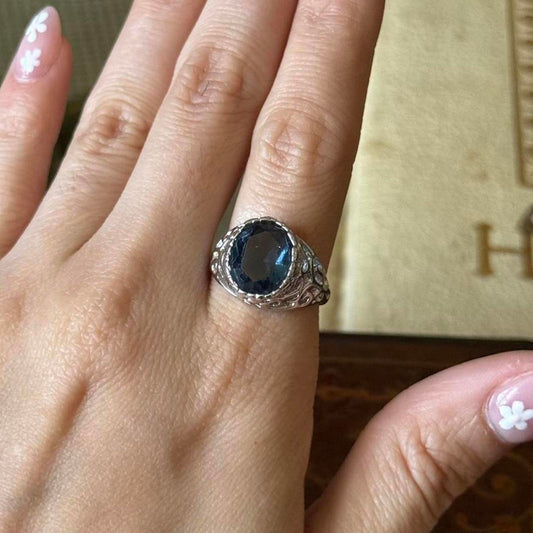 Vintage Silver tone Electroplated Blue Sapphire faux Glass Ring