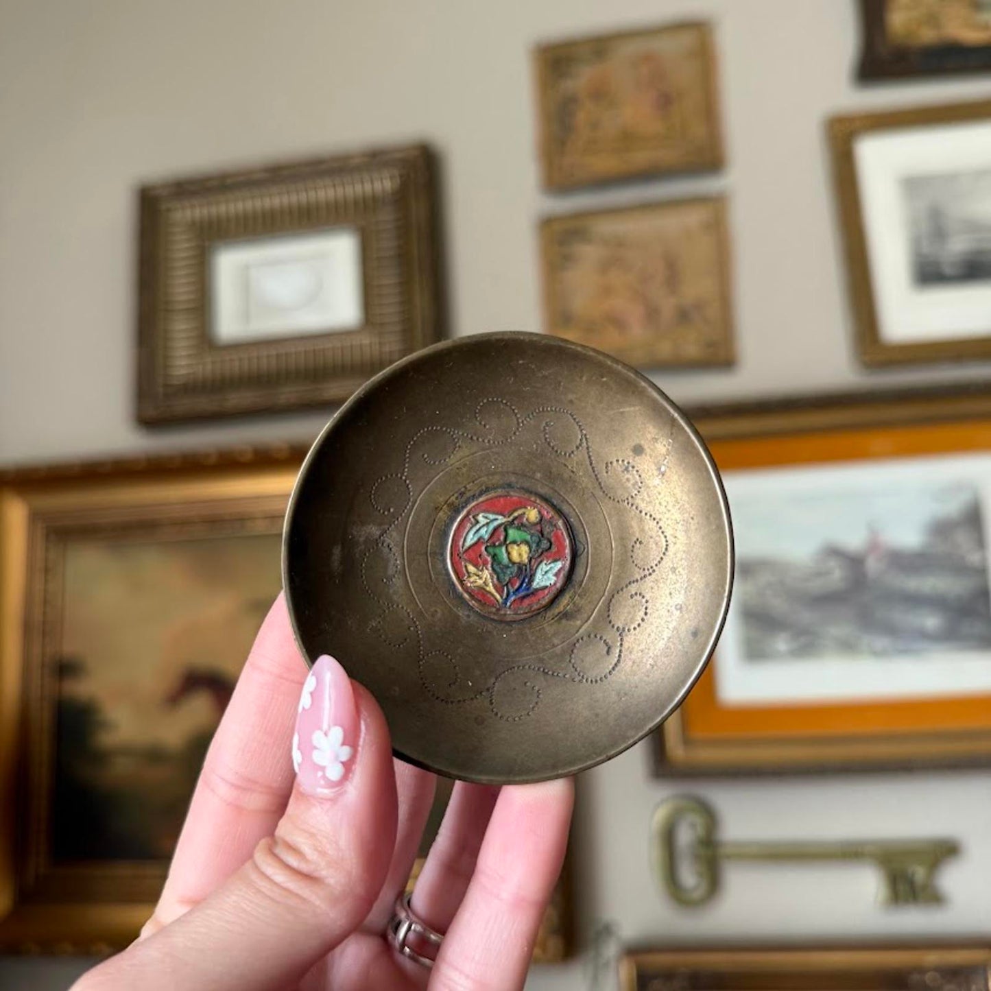 Vintage Brass Enamel Mini Plate