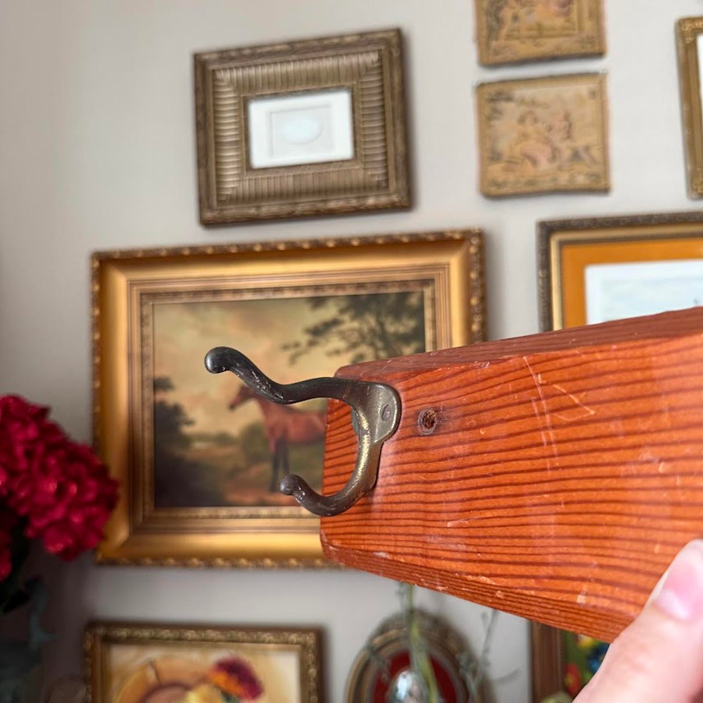 Vintage Wooden Coat Rack with Metal Hooks