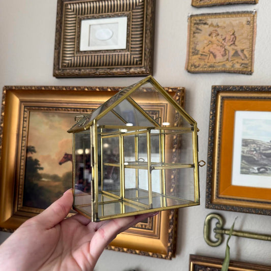 Vintage Mirrored Brass and Glass House-Shaped Display Shelf
