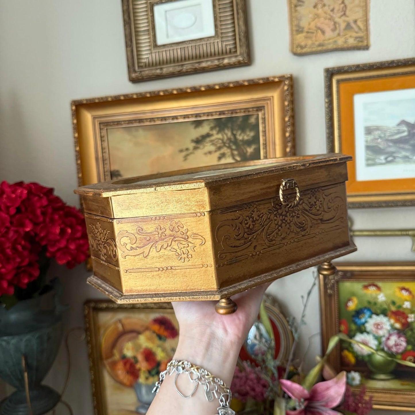 Vintage Large Gold Victorian Girl Reading a Book Music Jewelry Box