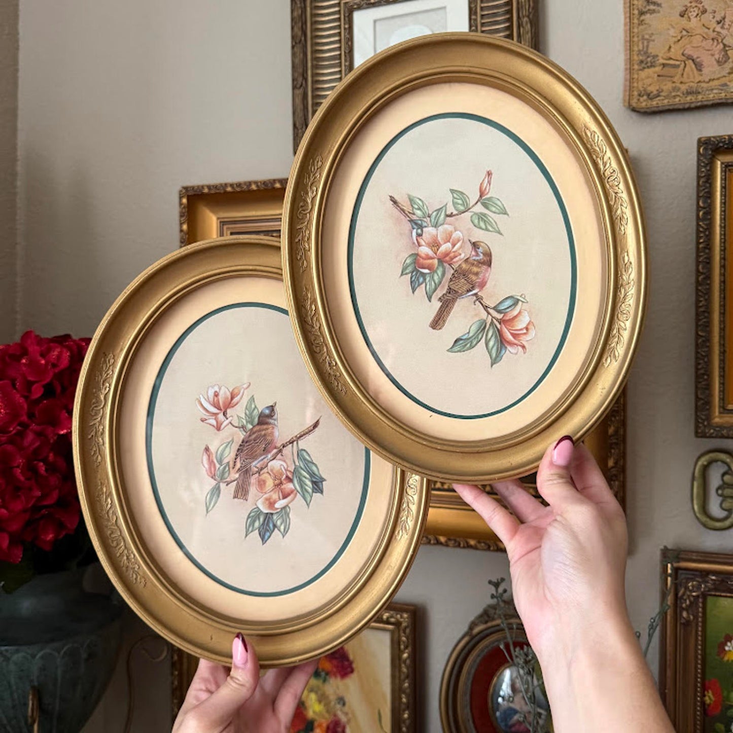 Vintage Home Interiors 1983 Birds Floral Print Gold Framed Oval Set