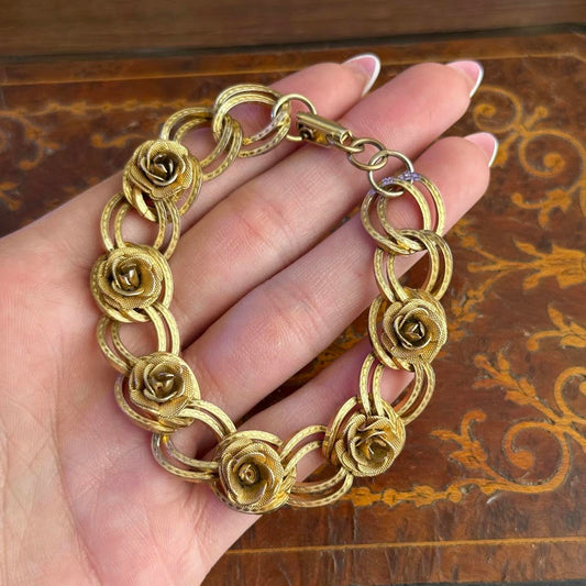 Vintage Gold Tone 3D Roses Link Bracelet