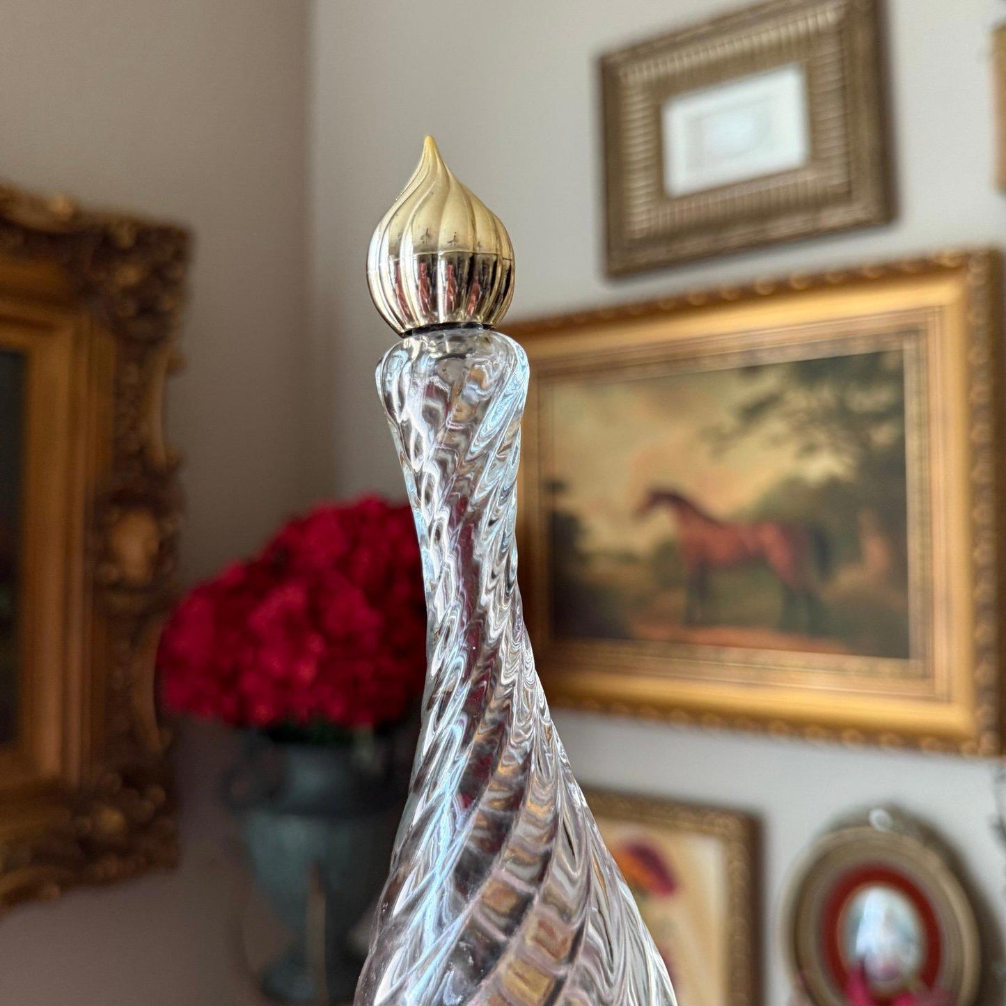 Vintage Clear Glass Swirl Pattern Perfume Bottle with Gold Lid