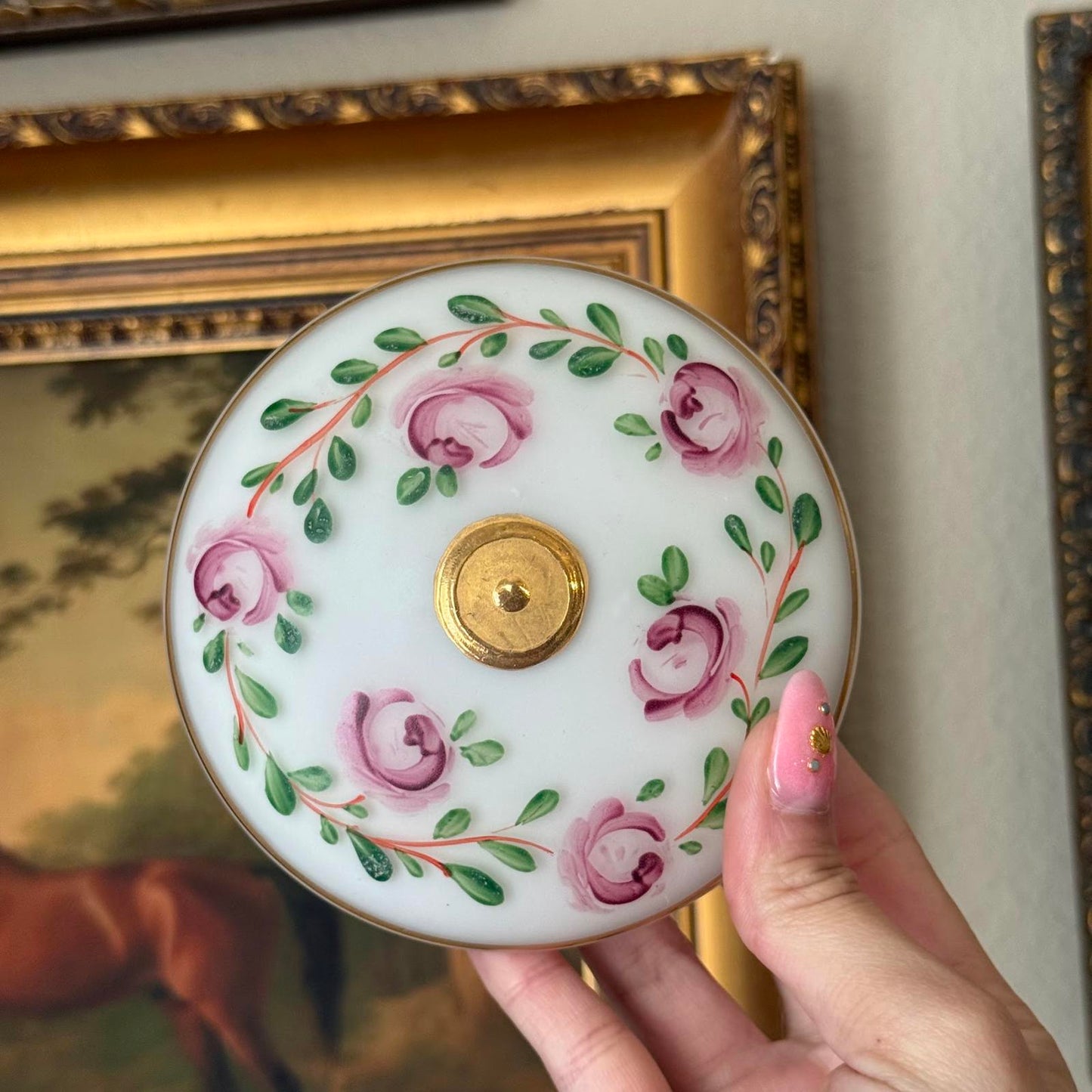 Vintage Hand Painted Floral Lidded Glass Dish