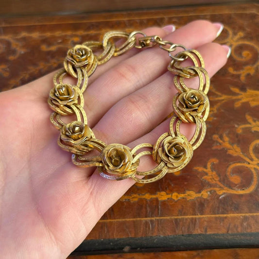 Vintage Gold Tone 3D Roses Link Bracelet